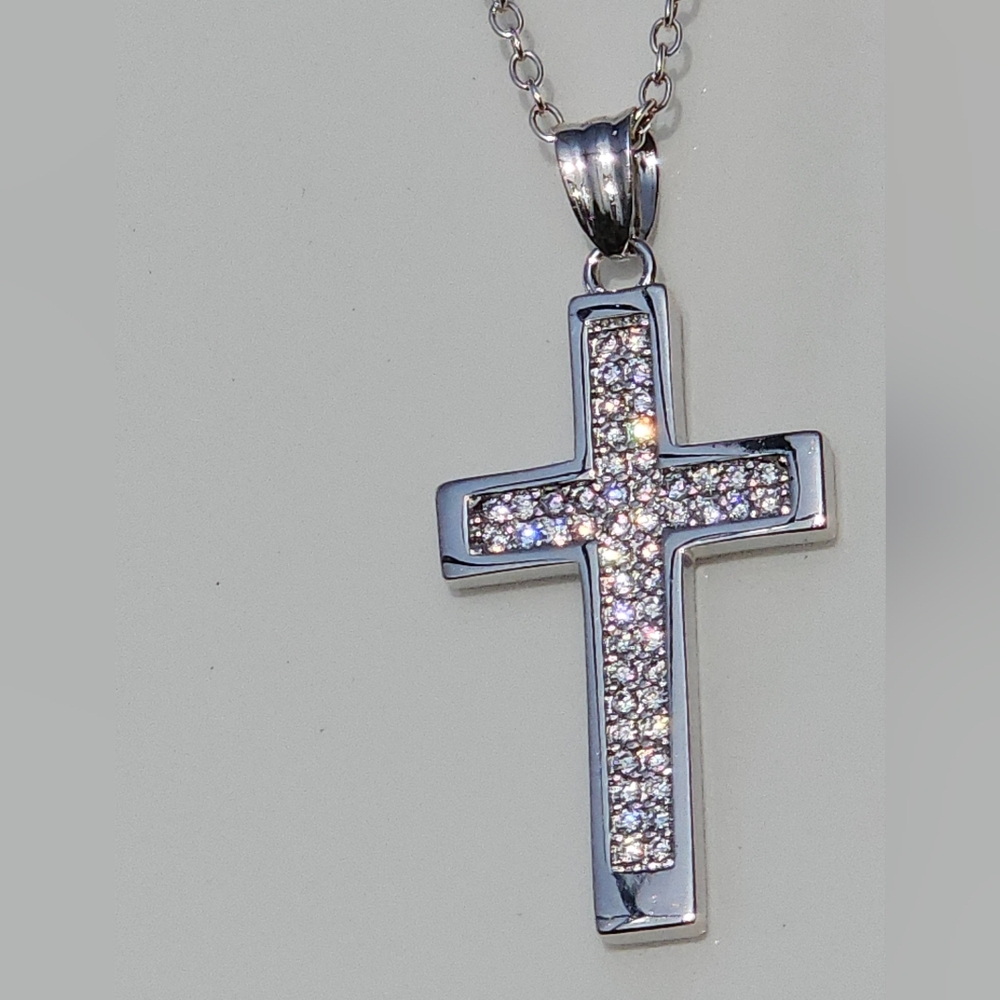 Cross pendant on 16"- 18" Moissanite Silver Chain Sterling .925 Silver
